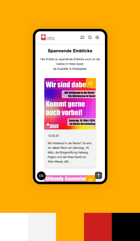 Screenshot einer Smartphoneansicht der Webseite von Caritas Soest umgeben von den Farben des Corporate Design