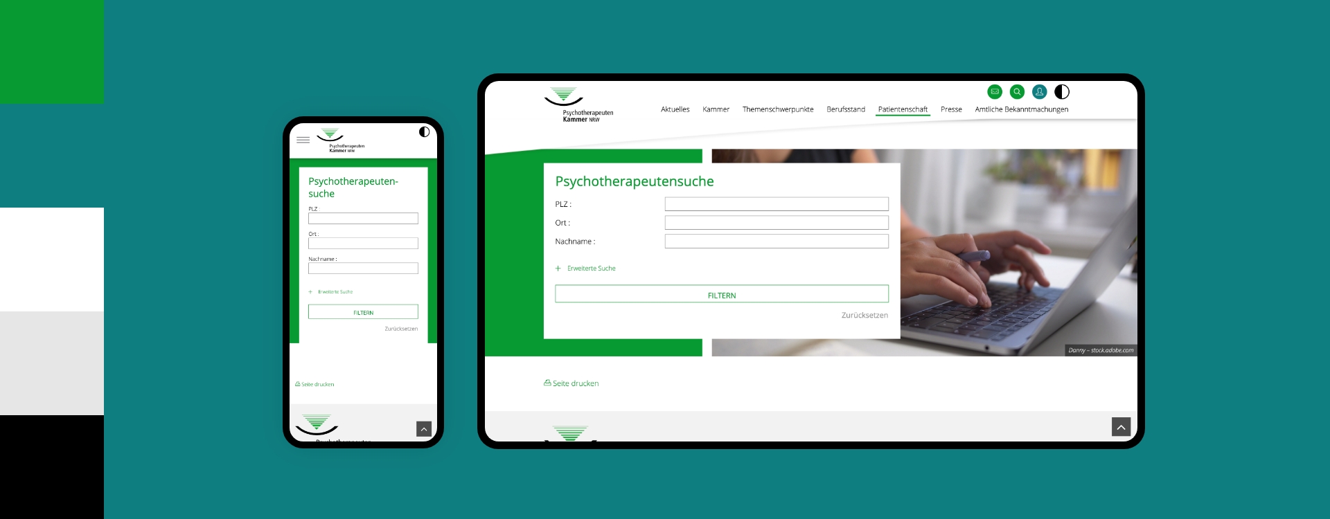 Screenshot einer Desktop- und Smartphoneansicht der Webseite der Psychotherapeutenkammer NRW umgeben von den Farben des Corporate Design