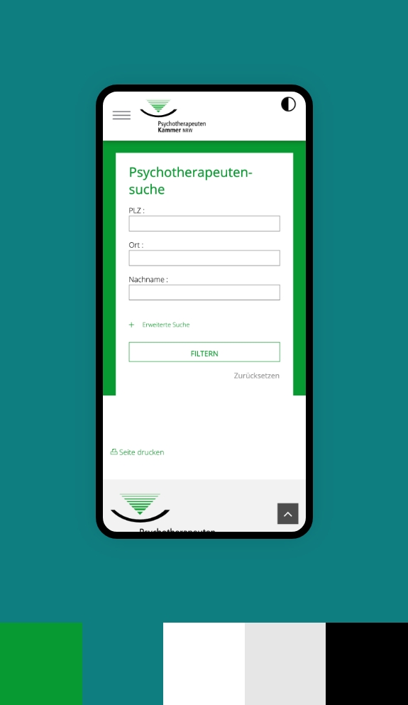 Screenshot einer Smartphoneansicht der Webseite der Psychotherapeutenkammer NRW umgeben von den Farben des Corporate Design