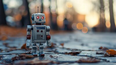 Nahaufnahme eines kleinen Retro-Roboters, der auf einer Straße steht im Sonnenuntergang