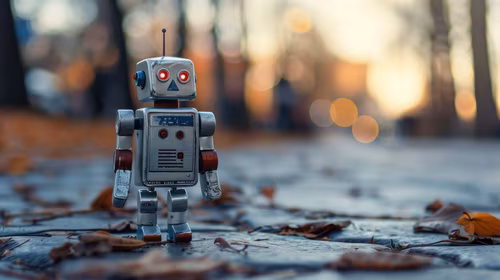 Roboter Nahaufnahme eines kleinen Retro-Roboters, der auf einer Straße steht im Sonnenuntergang