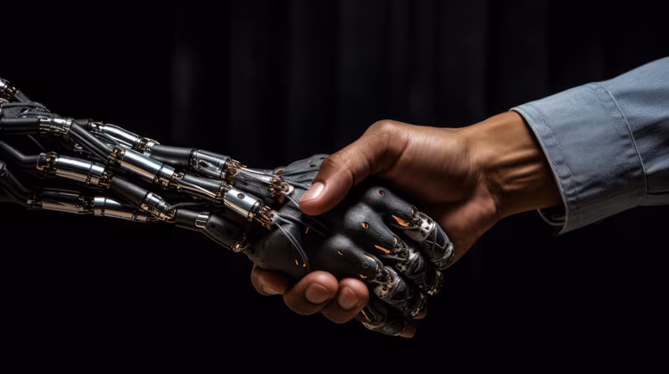 Künstliche Intelligenz Roboter und Mensch reichen sich die Hand