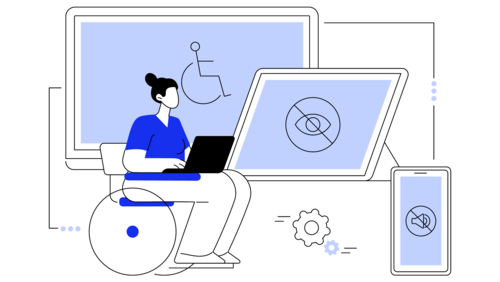 Vektor-Illustration mit einer Frau im Rollstuhl mit Laptop auf Schoß, im Hintergrund verschiedene Bildschirme