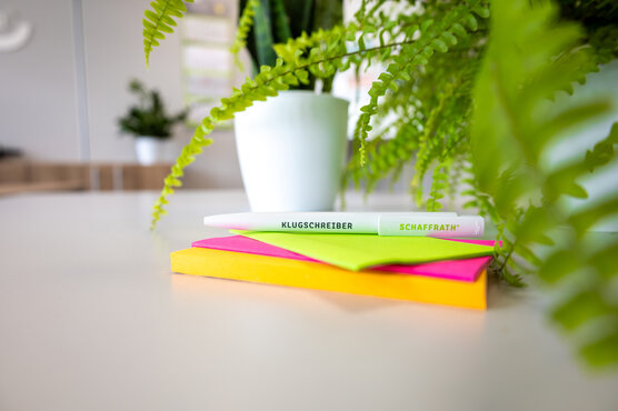 Farbige PostIts, auf denen ein Kugelschreiber liegt und die vor einer Zimmerpflanze liegen