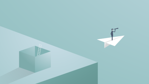 Blauer Hintergrund mit Menschen der in die Ferne schaut