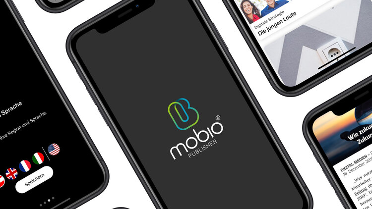 Verschiedene Mockups von Smartphones, die die App mobio zeigen