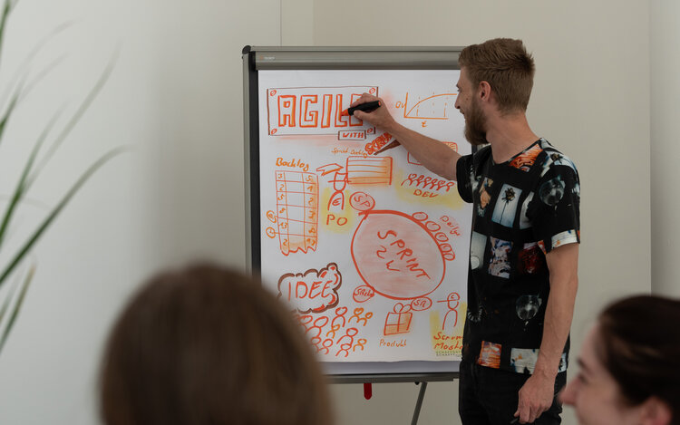 Mann steht vor Flipchart und erklärt