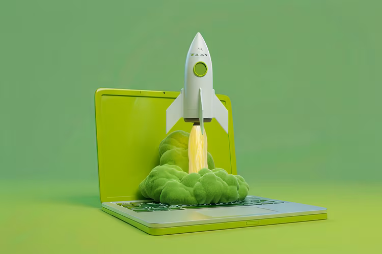 Neustart Kleine Rakete startet von einem aufgeklappten Laptop