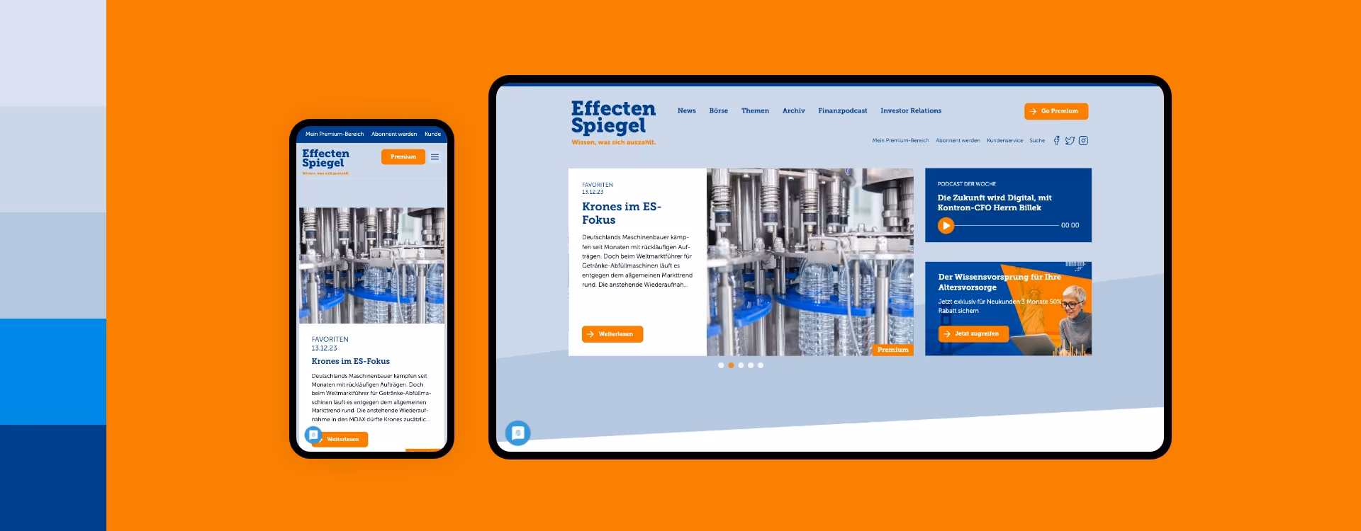 Screenshot einer Desktop- und Smartphoneansicht der Webseite von Effecten-Spiegel umgeben von den Farben des Corporate Design