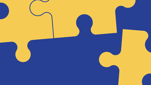 Gelbe Puzzleteile auf blauem Hintergrund, die das Bewusstsein für Qualität verdeutlichen sollen.