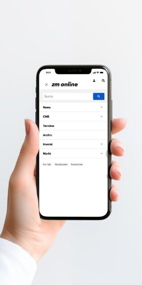 Vor einem grauen Hintergrund hält eine Hand ein iPhone auf dem die mobile Webseite Civil Society Platform der IFA Germany dargestellt wirdVor einem farbigen Hintergrund hält eine Hand ein iPhone auf dem die mobile Webseite von ZM Online dargestellt wird