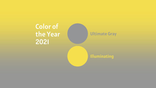 Zu sehen sind die Pantonefarben des Jahres 2021, 17-5104 Ultimate Gray und Pantone 13-0647 Illuminating