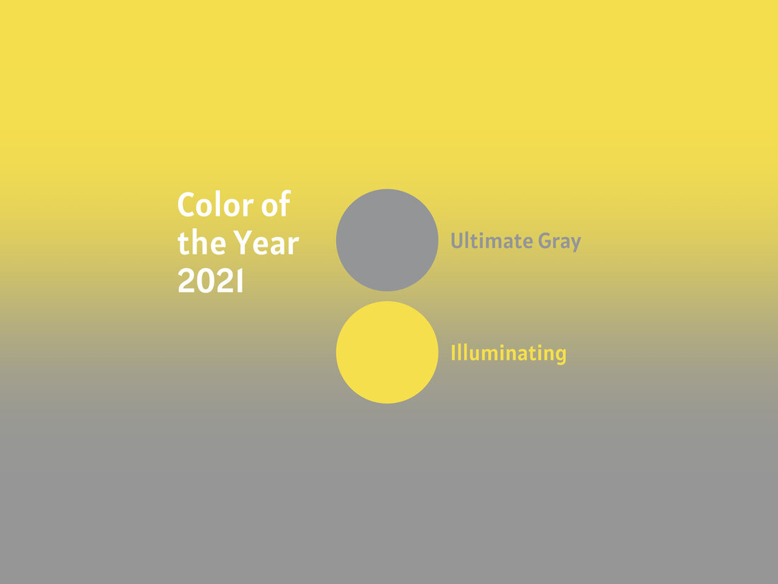 Zu sehen sind die Pantonefarben des Jahres 2021, 17-5104 Ultimate Gray und Pantone 13-0647 Illuminating