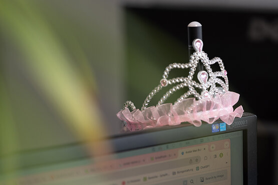 Silber-Rosagarbene Krone, die auf einem Monitor steht