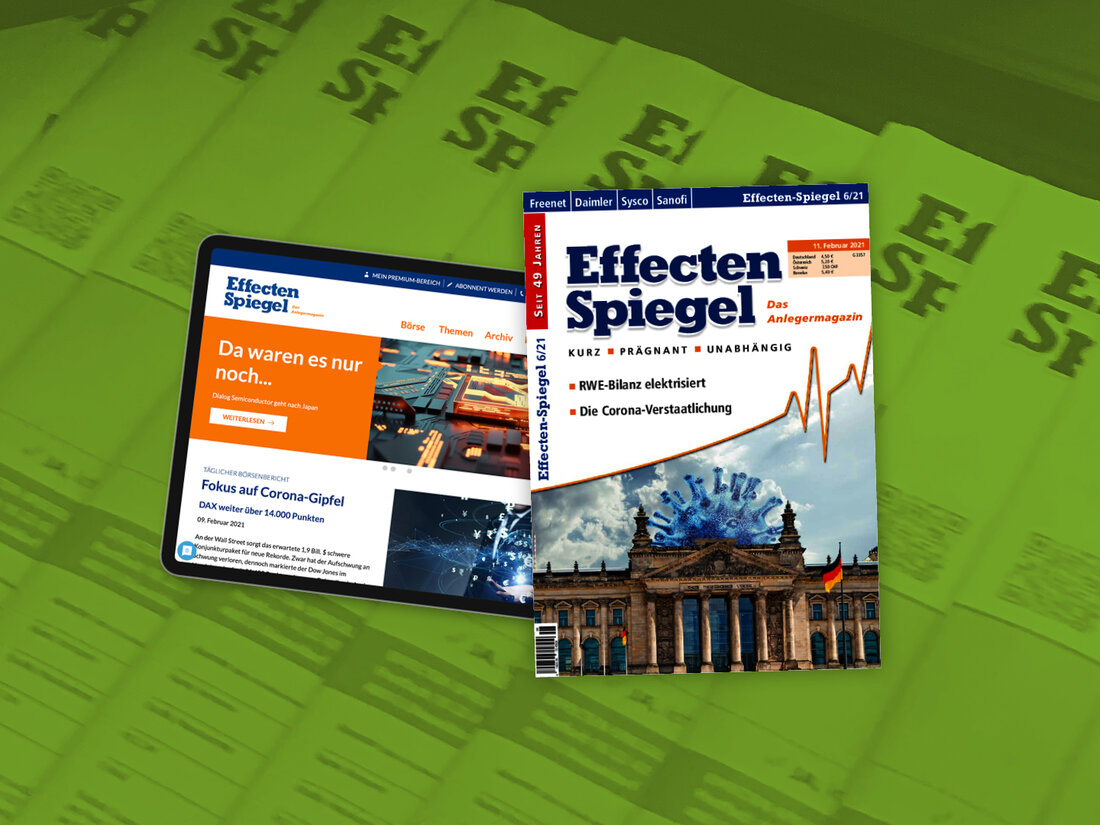 Zu sehen ist das Titelbild des Anlegermagazins Effecten-Spiegel und die digitale Version
