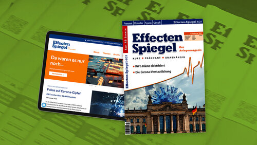 Zu sehen ist das Titelbild des Anlegermagazins Effecten-Spiegel und die digitale Version