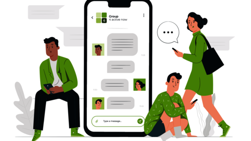 Vektor-Illustration eines übergroßen Smartphones in der Mitte und 3 Personen, die rundherum angeordnet sind und digital kommunizieren