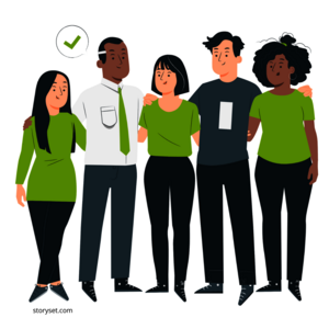 Teamzusammenhalt Illustration einer bunt gemischten Gruppe von 5 Erwachsenen, die sich freundschaftlich umarmen