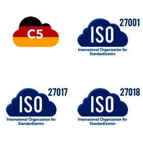 Folgende Logos sind zu sehen: C5, ISO 27001, ISO 27017, ISO 27018