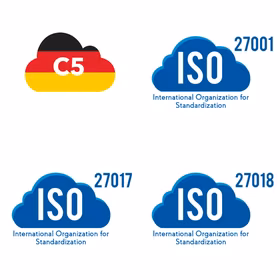 Folgende Logos sind zu sehen: C5, ISO 27001, ISO 27017, ISO 27018