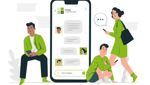 Mitarbeiter-App Vektor-Illustration eines übergroßen Smartphones in der Mitte und 3 Personen, die rundherum angeordnet sind und digital kommunizieren