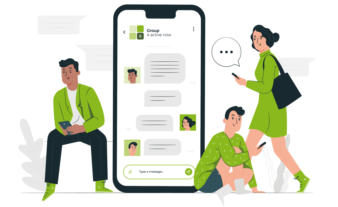 Mitarbeiter-App Vektor-Illustration eines übergroßen Smartphones in der Mitte und 3 Personen, die rundherum angeordnet sind und digital kommunizieren
