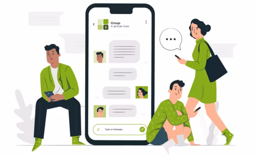 Mitarbeiter-App Vektor-Illustration eines übergroßen Smartphones in der Mitte und 3 Personen, die rundherum angeordnet sind und digital kommunizieren