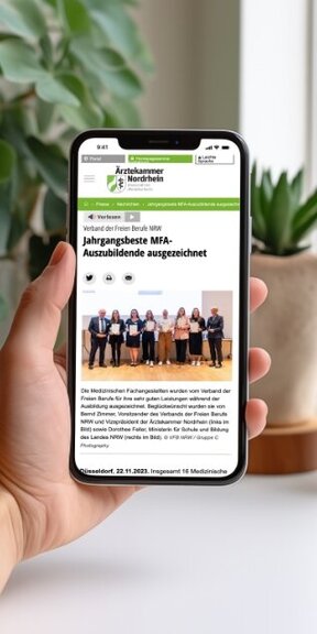 Eine Hand hält ein iPhone auf dem die mobile Webseite der Ärztekammer Nordrhein dargestellt wird