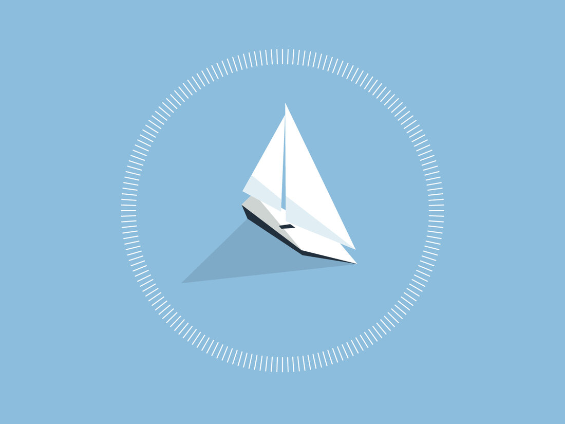 weißes Segelboot auf hellblauem Hintergrund, eingerahmt in einem weißen Kreis