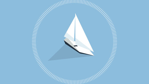 weißes Segelboot auf hellblauem Hintergrund, eingerahmt in einem weißen Kreis