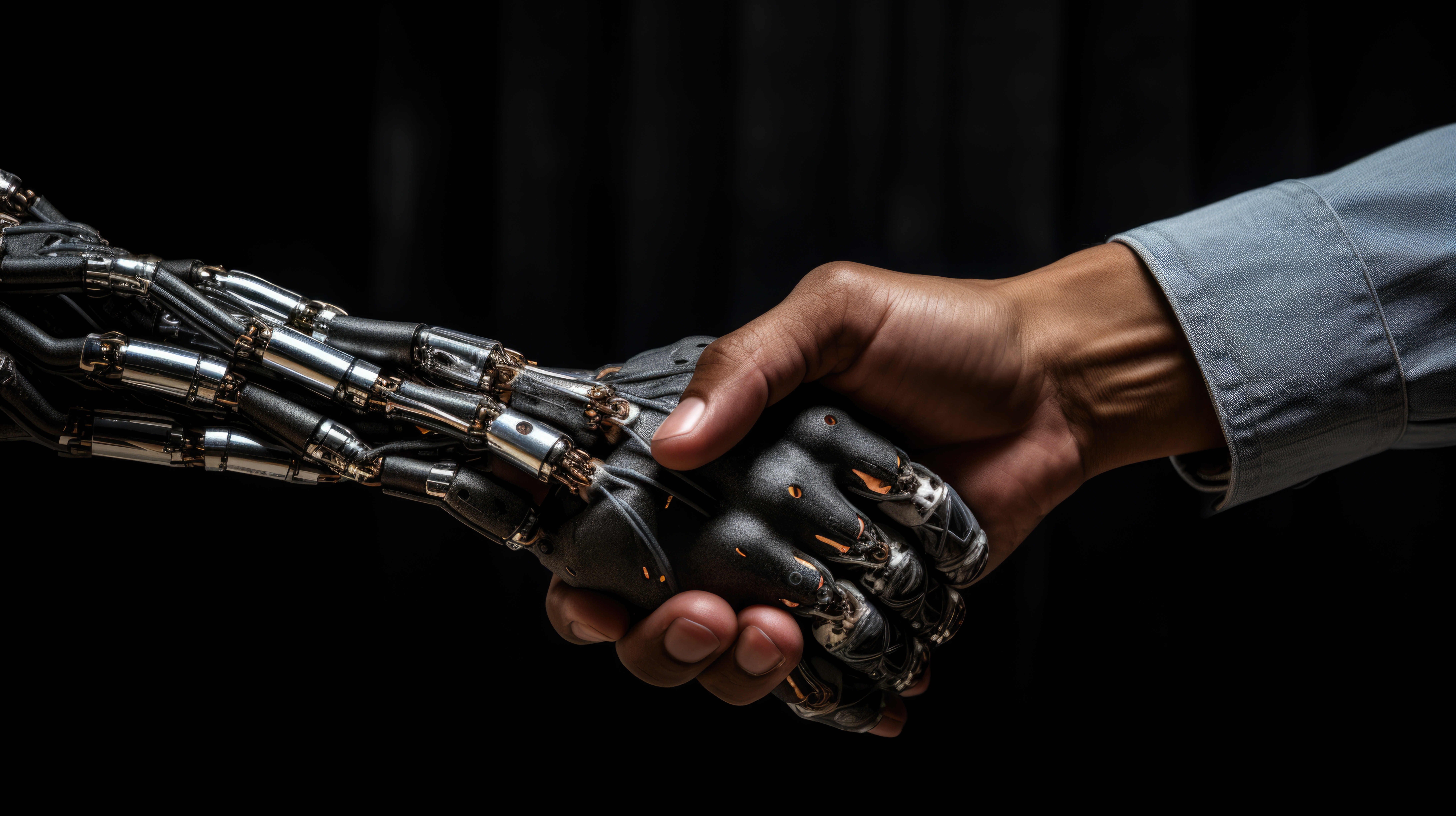 Künstliche Intelligenz Roboter und Mensch reichen sich die Hand