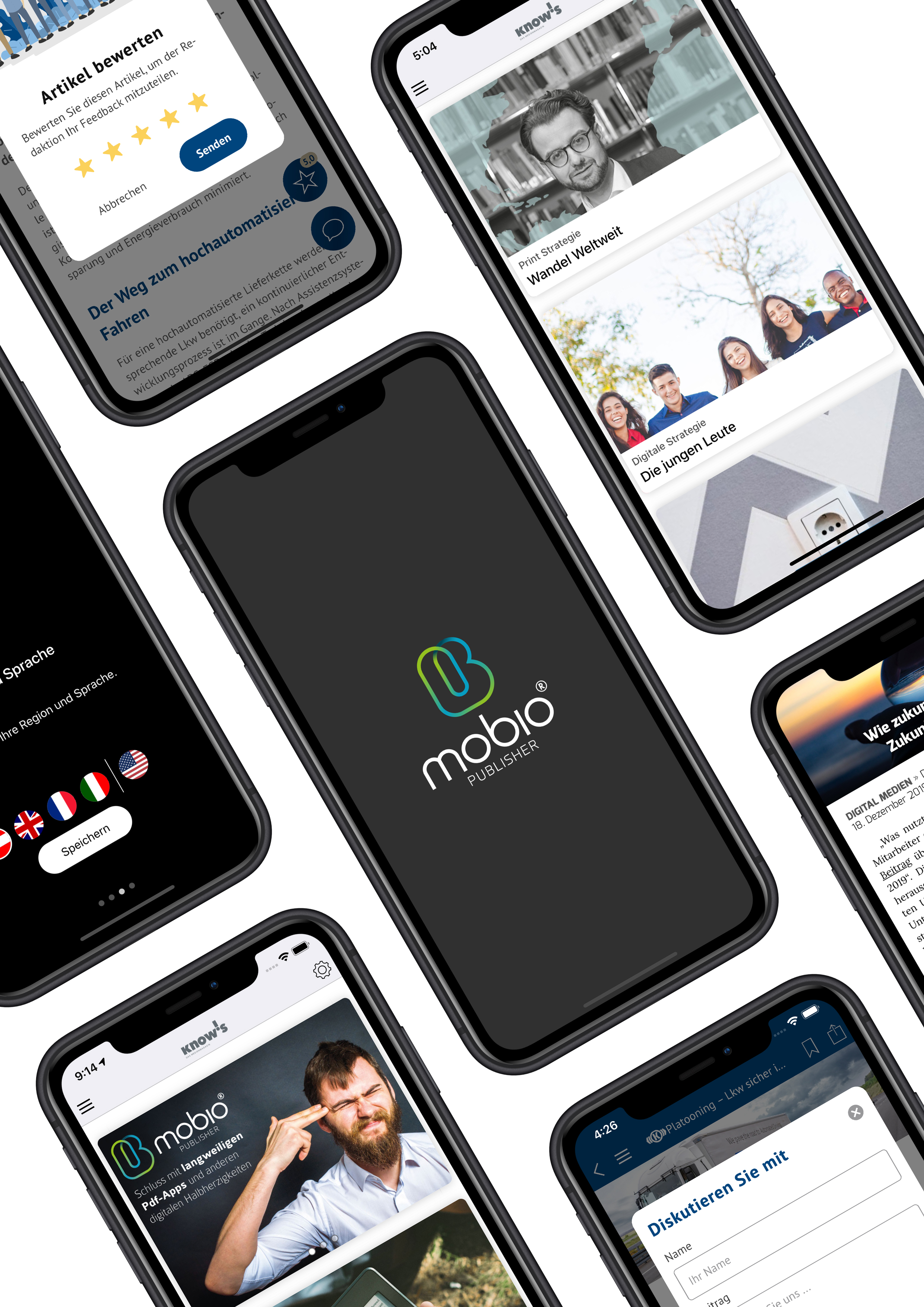 Verschiedene Mockups von Smartphones, die die App mobio zeigen