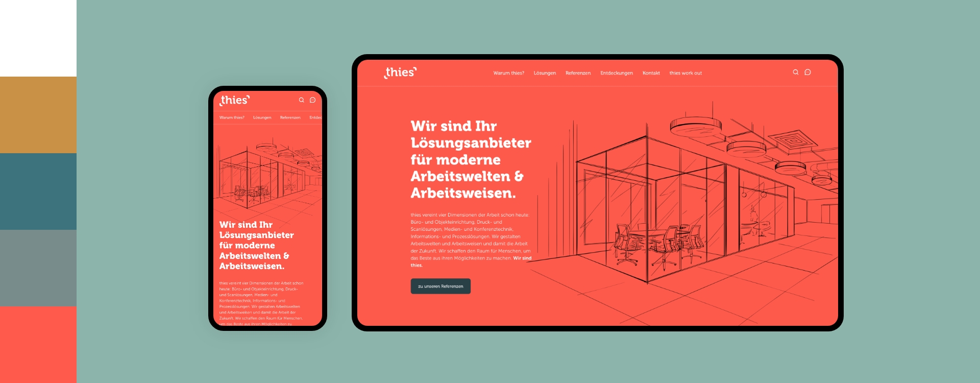 Screenshot einer Desktop- und Smartphoneansicht der Webseite von Thies umgeben von den Farben des Corporate Design