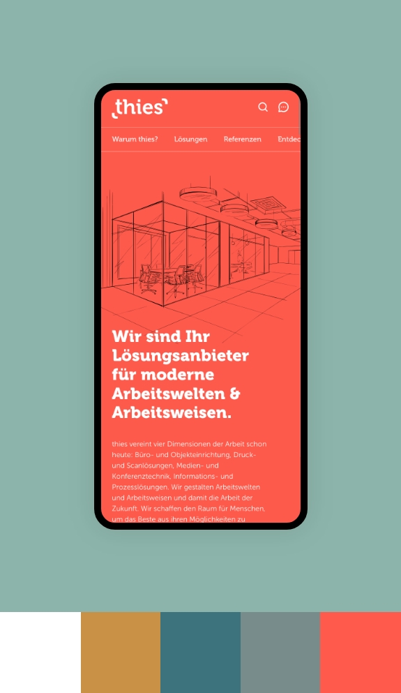 Screenshot einer Smartphoneansicht der Webseite von Thies umgeben von den Farben des Corporate Design