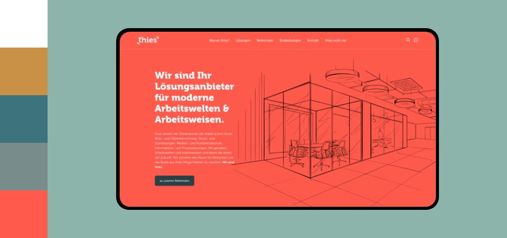 Screenshot einer Desktopansicht der Webseite von Thies umgeben von den Farben des Corporate Design