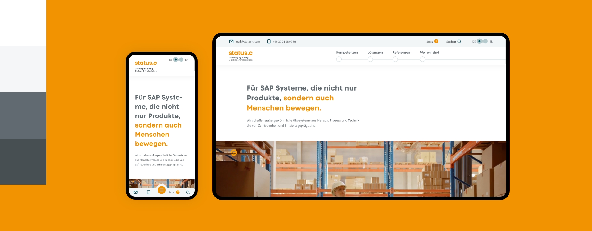 Screenshot einer Smartphone- und Desktopansicht der Webseite von Status-C umgeben von den Farben des Corporate Design