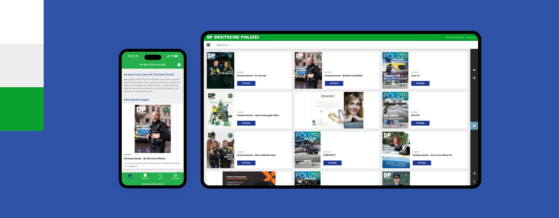 Screenshot einer Smartphone- und Tabletansicht der App der deutschen Polizeigewerkschaft umgeben von den Farben des Corporate Design