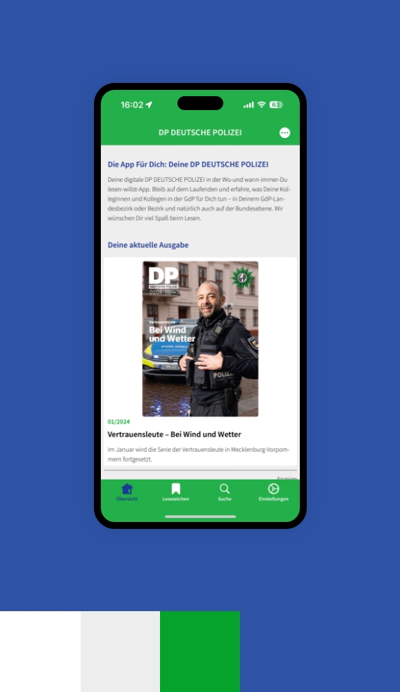 Screenshot einer Smartphoneansicht der App der deutschen Polizeigewerkschaft umgeben von den Farben des Corporate Design