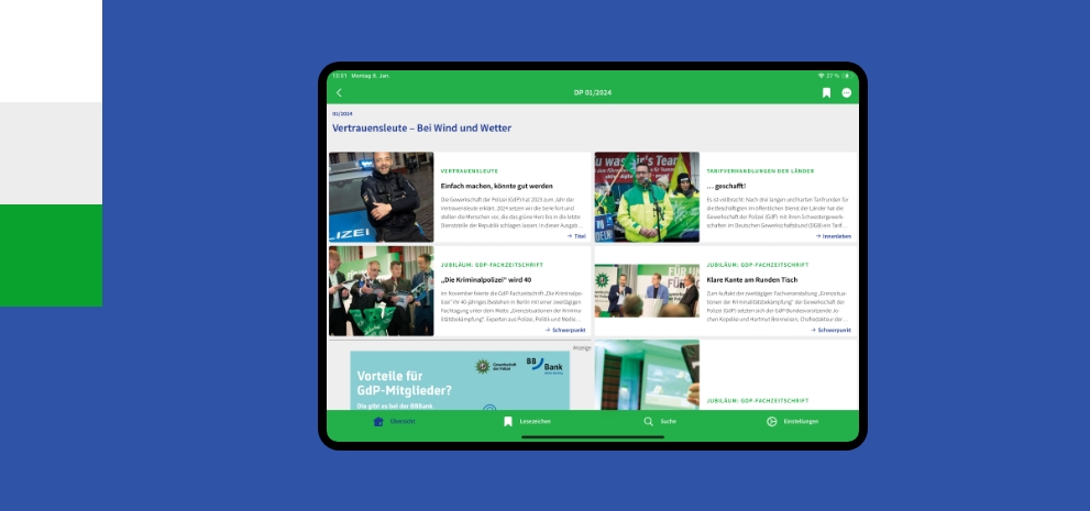 Screenshot einer Tabletansicht der App der deutschen Polizeigewerkschaft umgeben von den Farben des Corporate Design