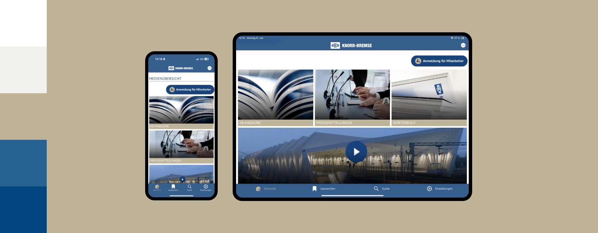 Screenshot einer Smartphone- und Tabletansicht der Knorr Bremse App umgeben von den Farben des Corporate Design