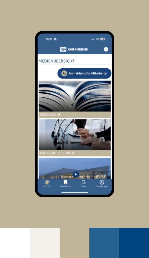 Screenshot einer Smartphoneansicht der Knorr Bremse App umgeben von den Farben des Corporate Design