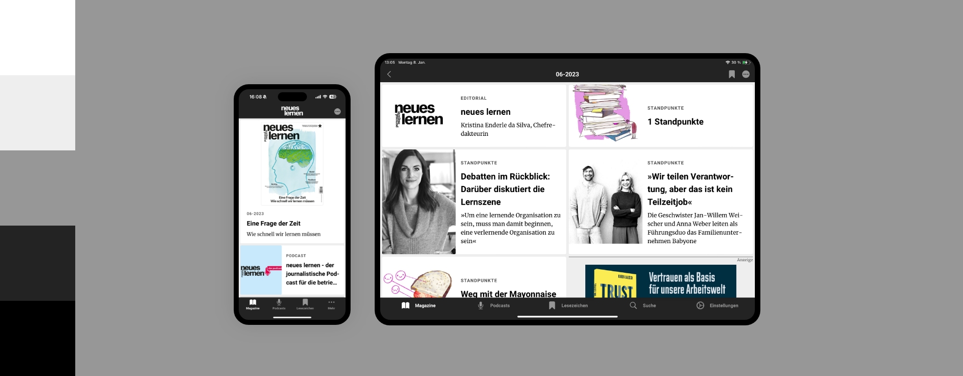 Screenshot einer Smartphone- und Tabletansicht der "Neues Lernen"-App umgeben von den Farben des Corporate Design