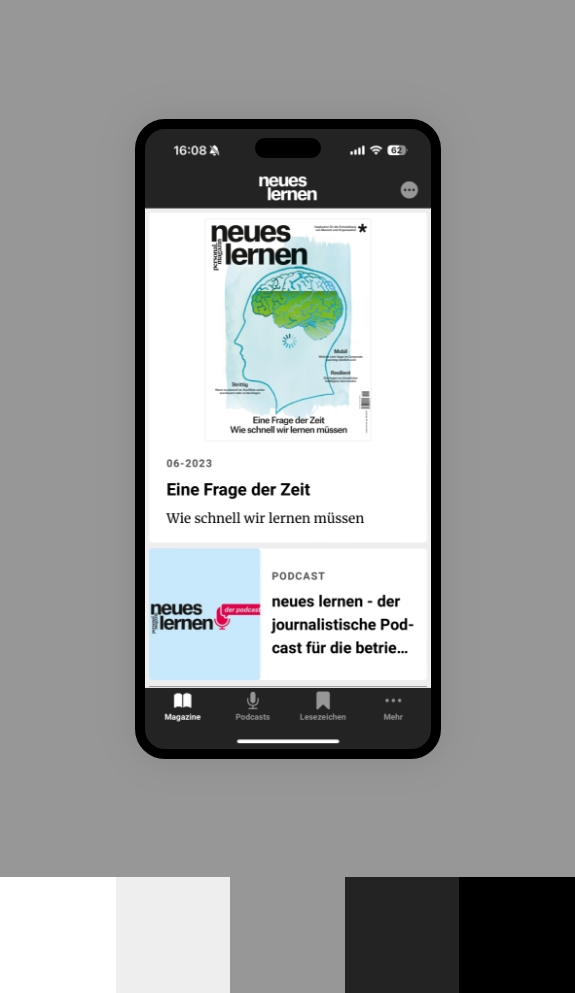 Screenshot einer Smartphoneansicht der "Neues Lernen"-App umgeben von den Farben des Corporate Design