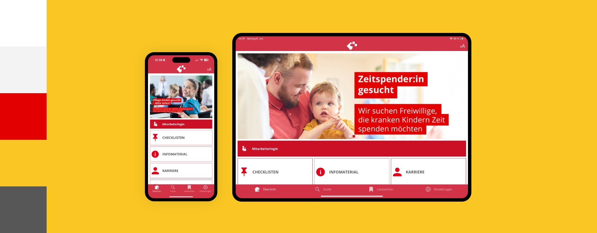 Screenshot einer Smartphone- und Tabletansicht der App des Krankenhaus Wilhelmstift umgeben von den Farben des Corporate Design
