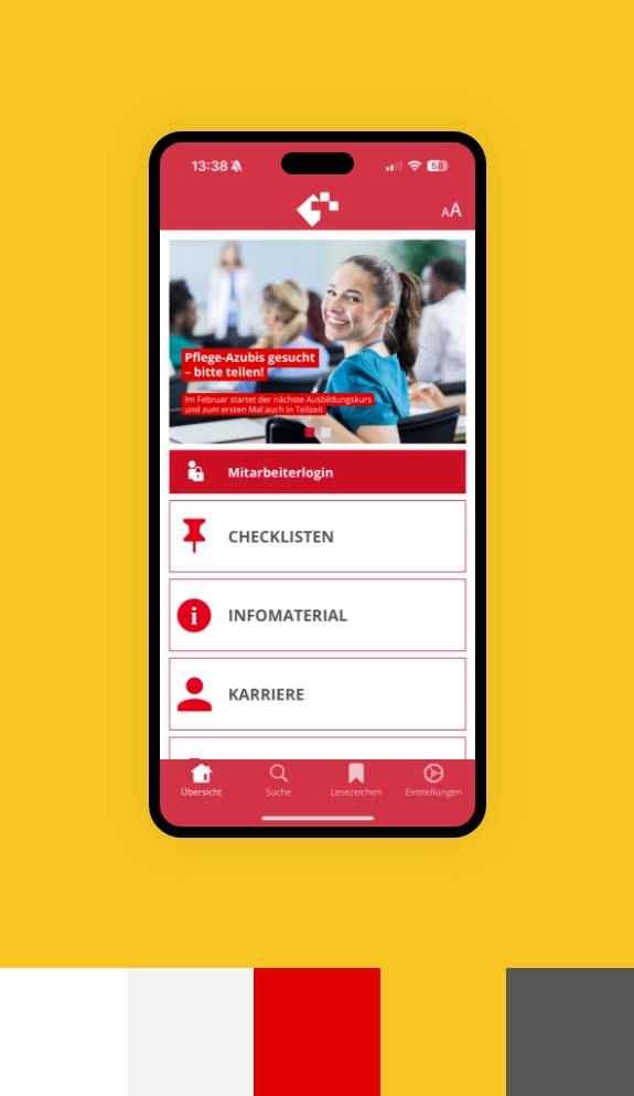 Screenshot einer Smartphoneansicht der App des Krankenhaus Wilhelmstift umgeben von den Farben des Corporate Design