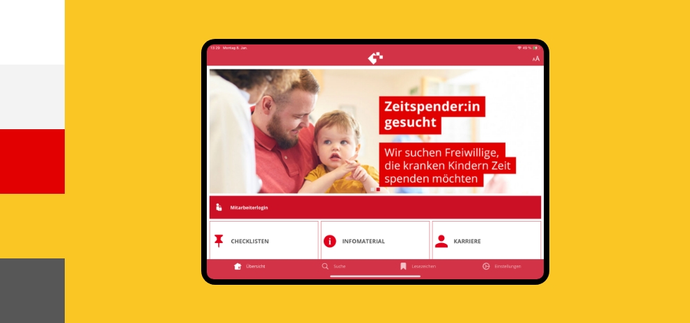Screenshot einer Tabletansicht der App des Krankenhaus Wilhelmstift umgeben von den Farben des Corporate Design