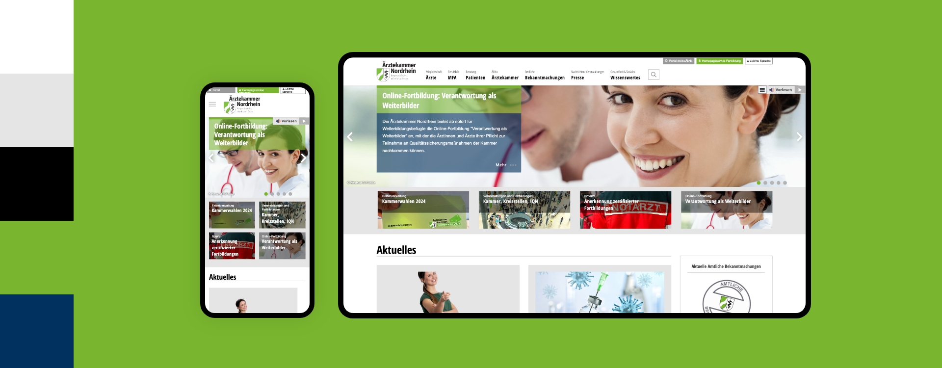 Screenshot einer Desktop- und Smartphoneansicht der Webseite der Ärztekammer Nordrhein umgeben von den Farben des Corporate Design