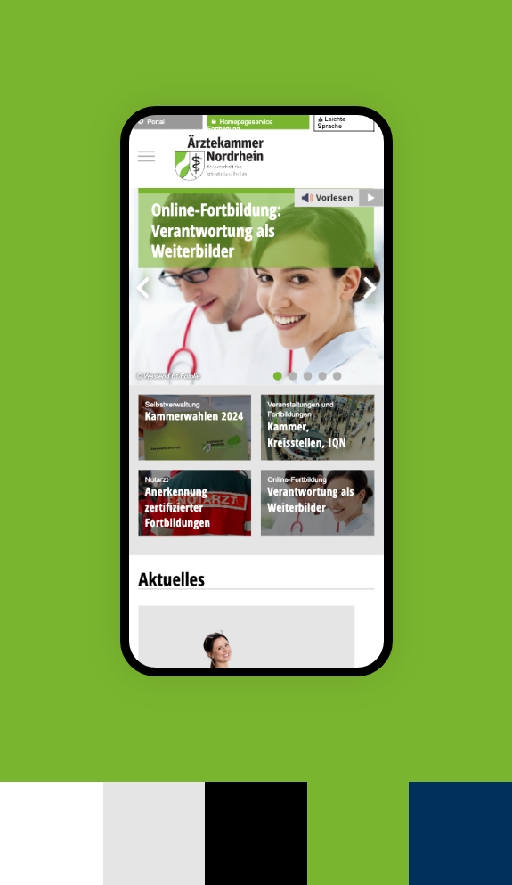 Screenshot einer Smartphoneansicht der Webseite der Ärztekammer Nordrhein umgeben von den Farben des Corporate Design