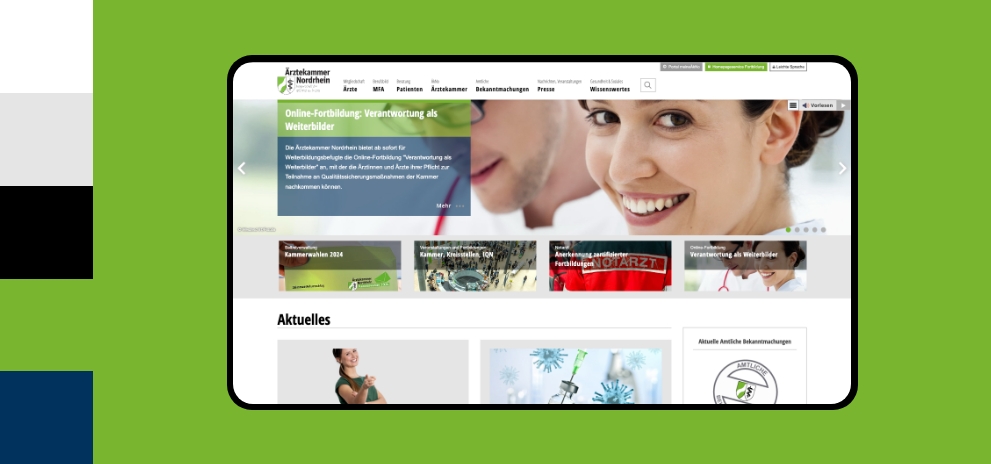 Screenshot einer Desktopansicht der Webseite der Ärztekammer Nordrhein umgeben von den Farben des Corporate Design