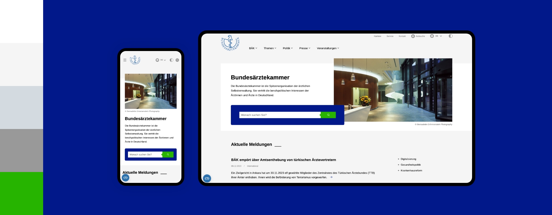 Screenshot einer Desktop- und Smartphoneansicht der Webseite der Bundesärztekammer umgeben von den Farben des Corporate Design